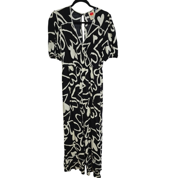 Farm By Anthropologie Woven Black & White Sineard Heart-Print Jumpsuit Size S - Picture 2 of 7